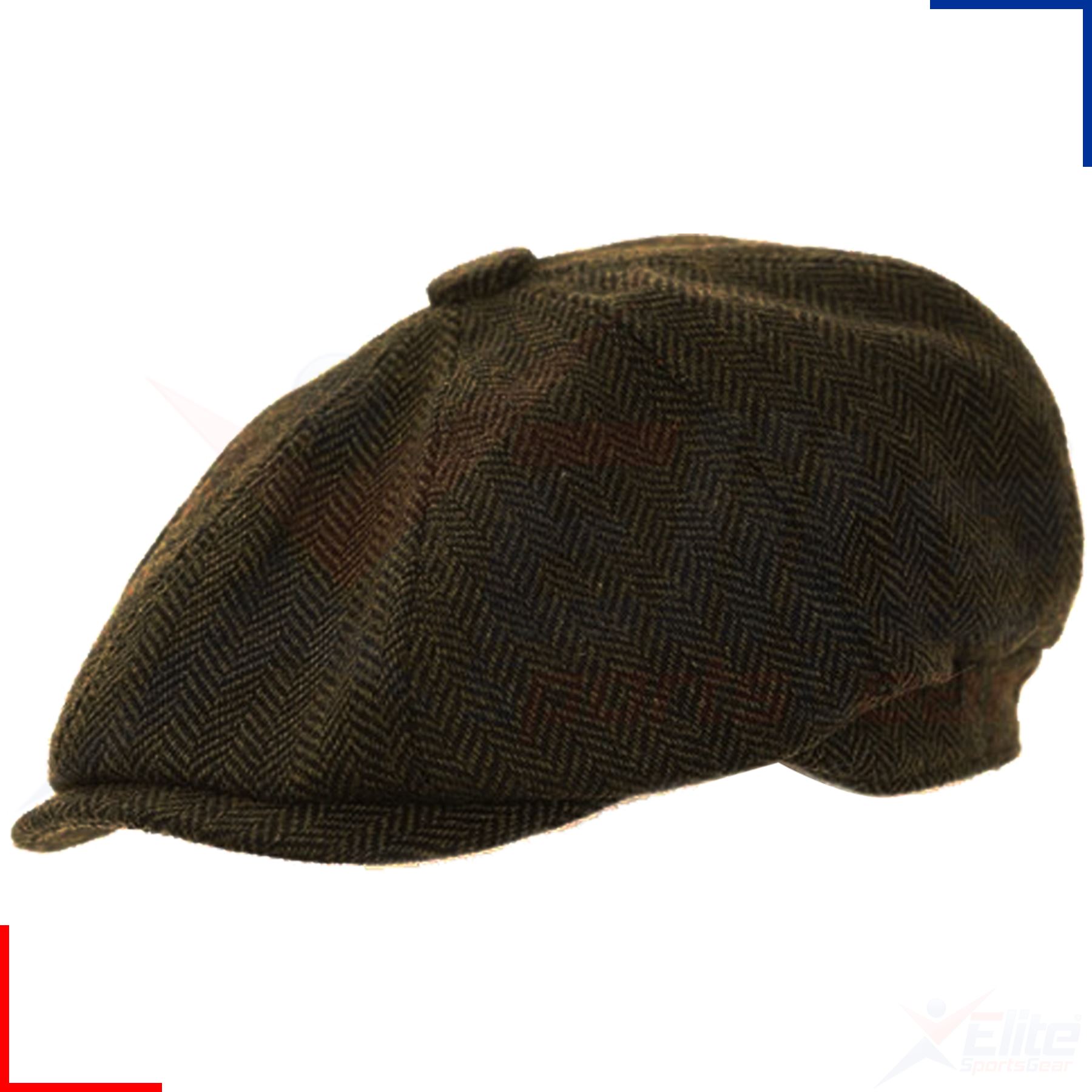 Mens Wool Flat Cap Peaked 8 Panel Herringbone Check Racing Hat