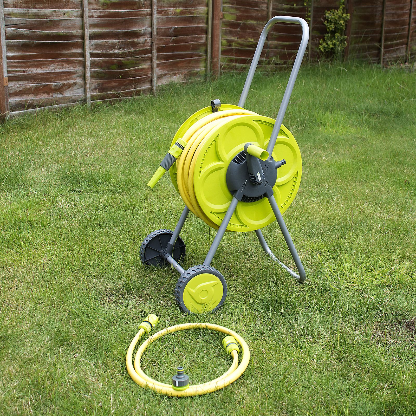 SET OF 25M HOSE & REEL TROLEY GARDEN WATERING PIPE CART STANDING WINDER