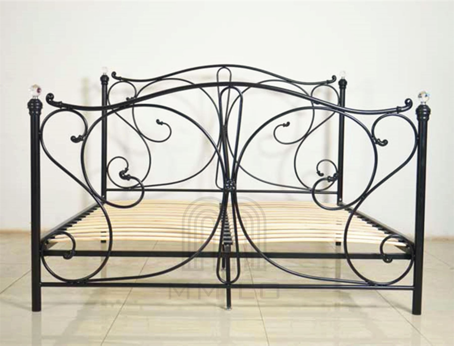 Mmilo DOUBLE BLACK METAL BED FRAME WITH CRYSTAL FINIALS 4FT6 WHITE and