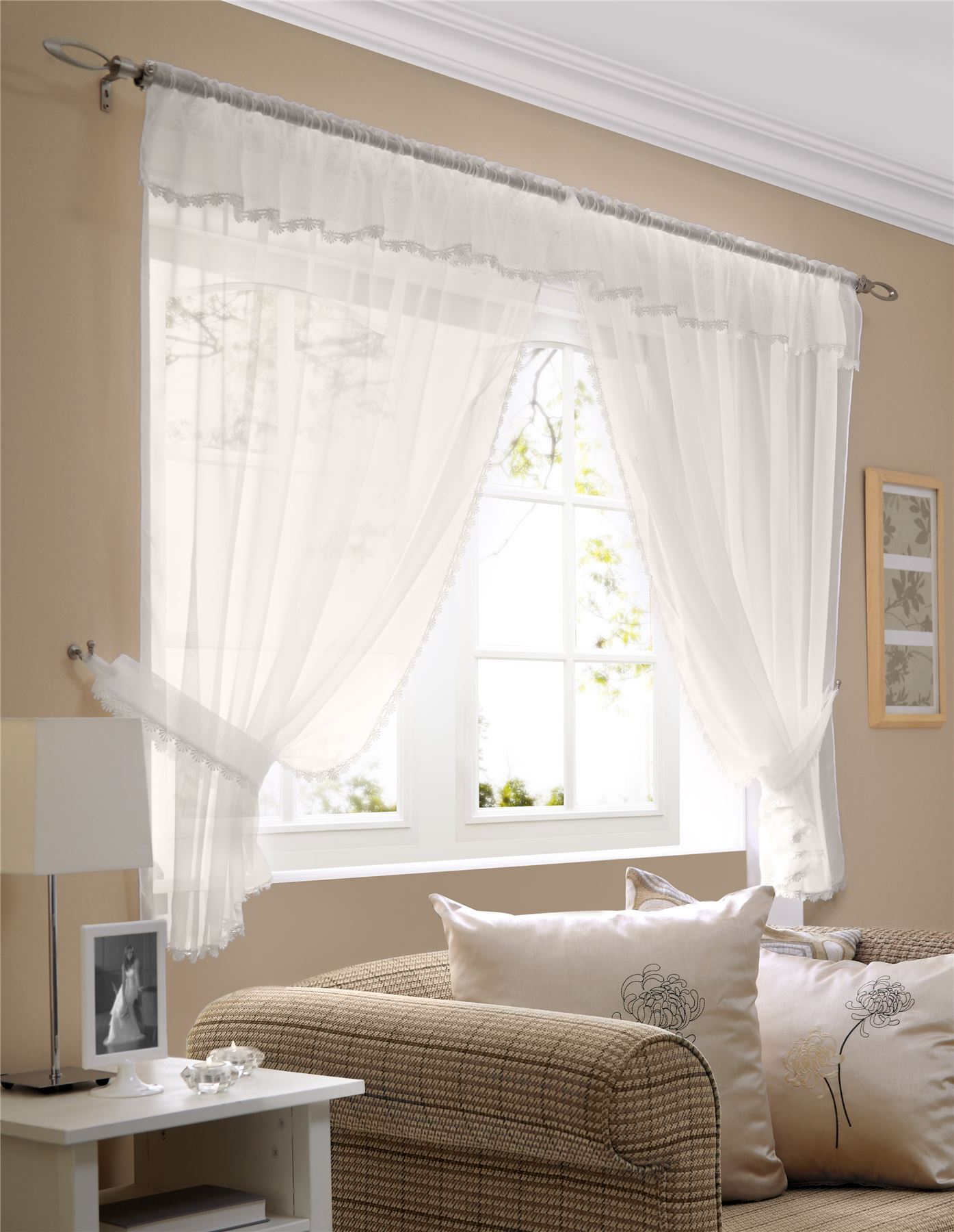 MACRAME VOILE WINDOW SET IVORY CURTAINS DRAPES PELMET VALANCE TIE BACKS