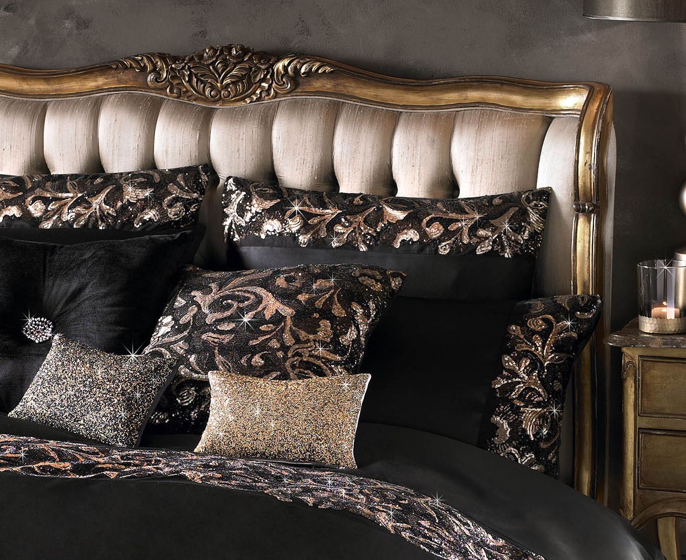 KYLIE MINOGUE LAZZARO BLACK SATIN DOUBLE 200TC COTTON 7 PIECE BEDDING SET