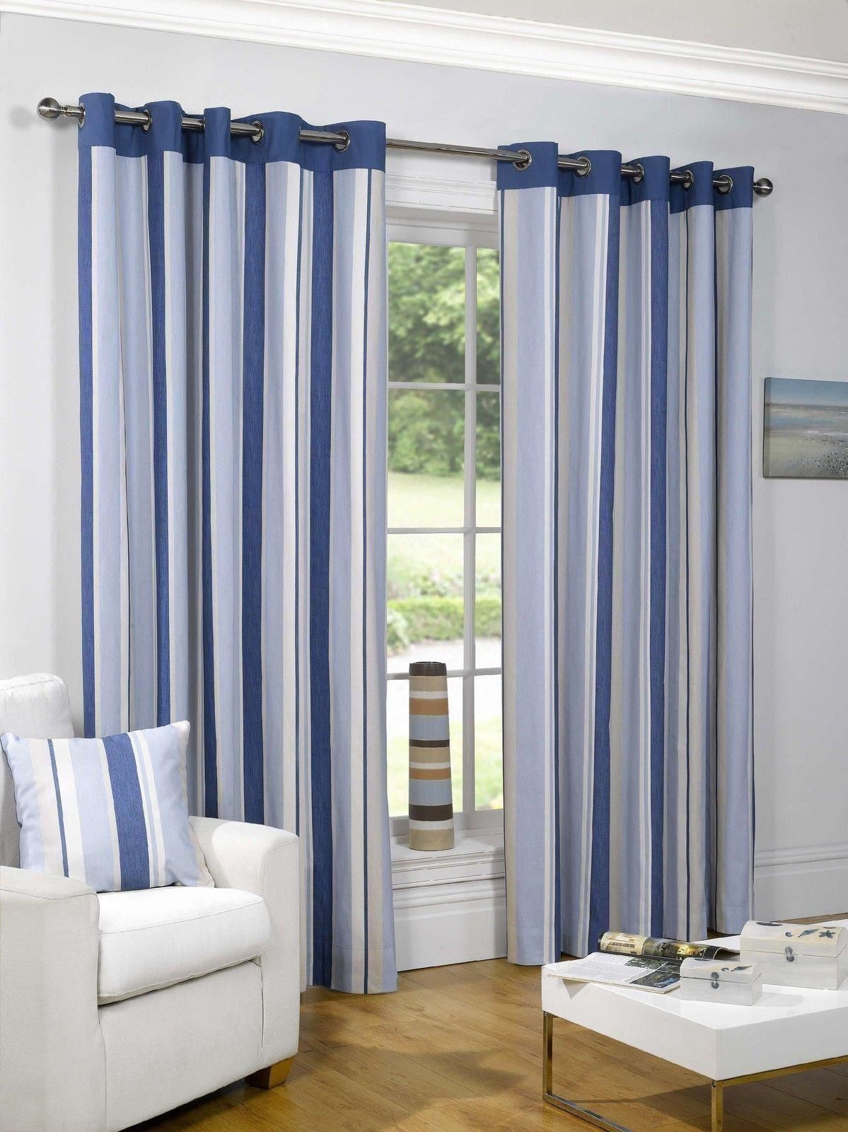 STRIPED COTTON MIX RING TOP LINED BLUE CREAM THICK CURTAINS *WOTSDAP
