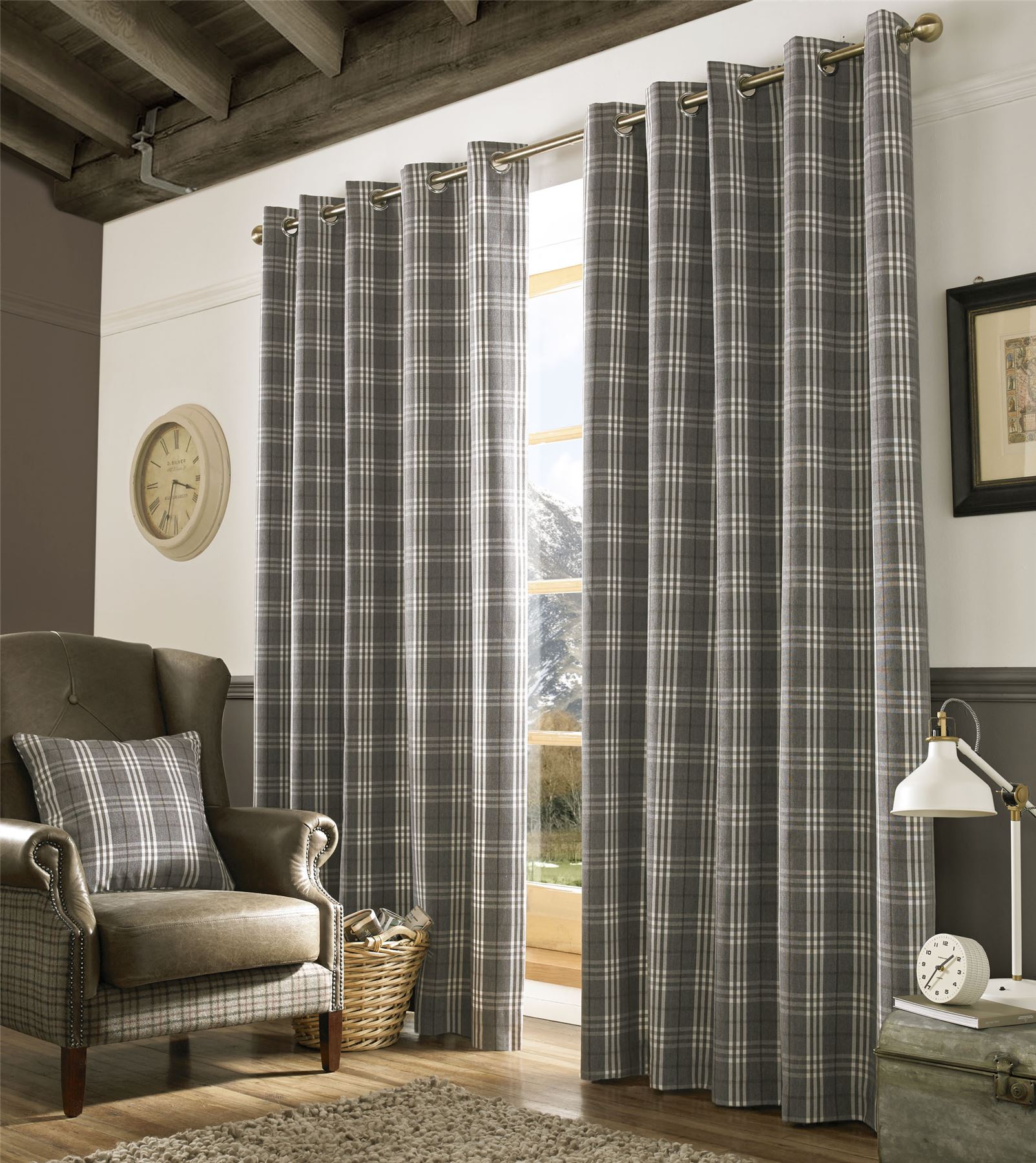 TARTAN CHECK GREY WHITE WOVEN LINED RING TOP CURTAINS *9 SIZES* eBay