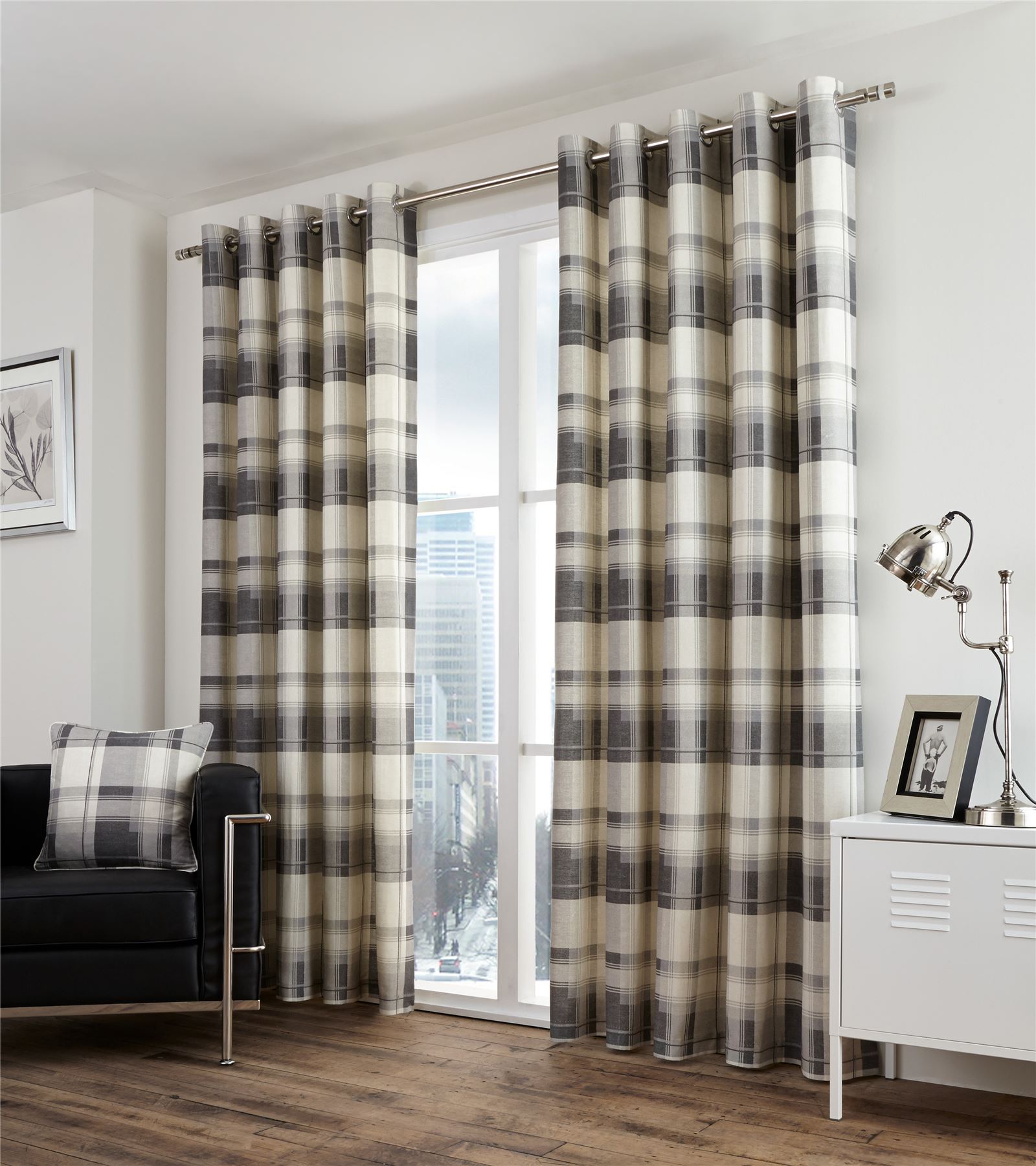 PLAID CHECK GREY BEIGE LINED 100 COTTON RING TOP CURTAINS *7 SIZES*