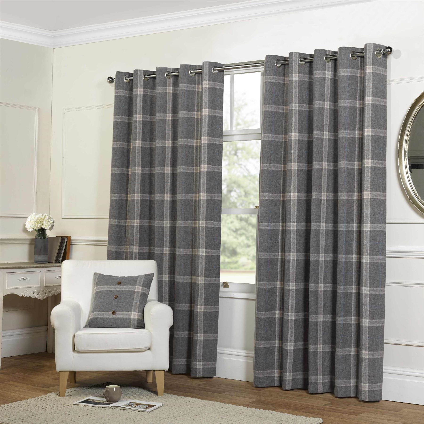 TARTAN CHECK GREY LINED WOOL LOOK & FEEL RING TOP CURTAINS DRAPES *4