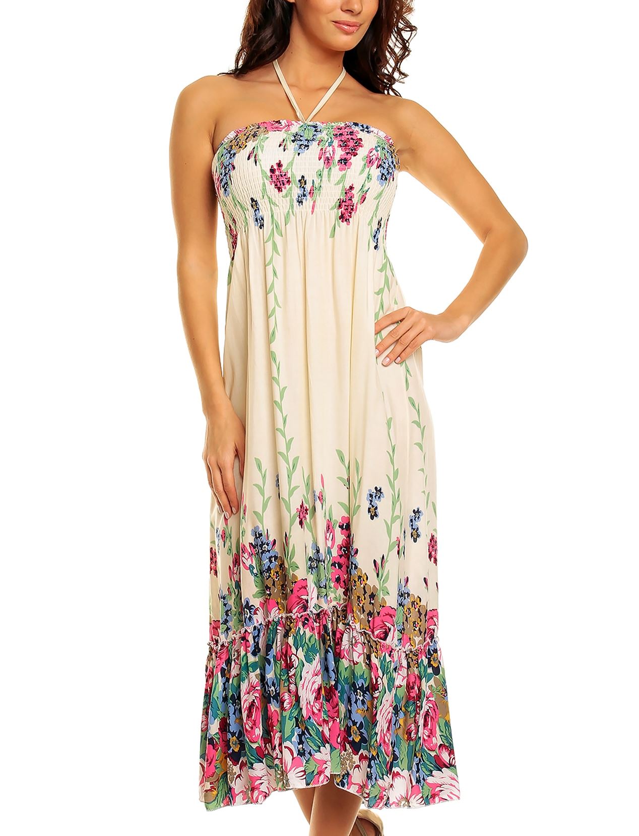 Ladies Floral Rose Print Bandeau Summer Beach Holiday Midi Day Dress UK