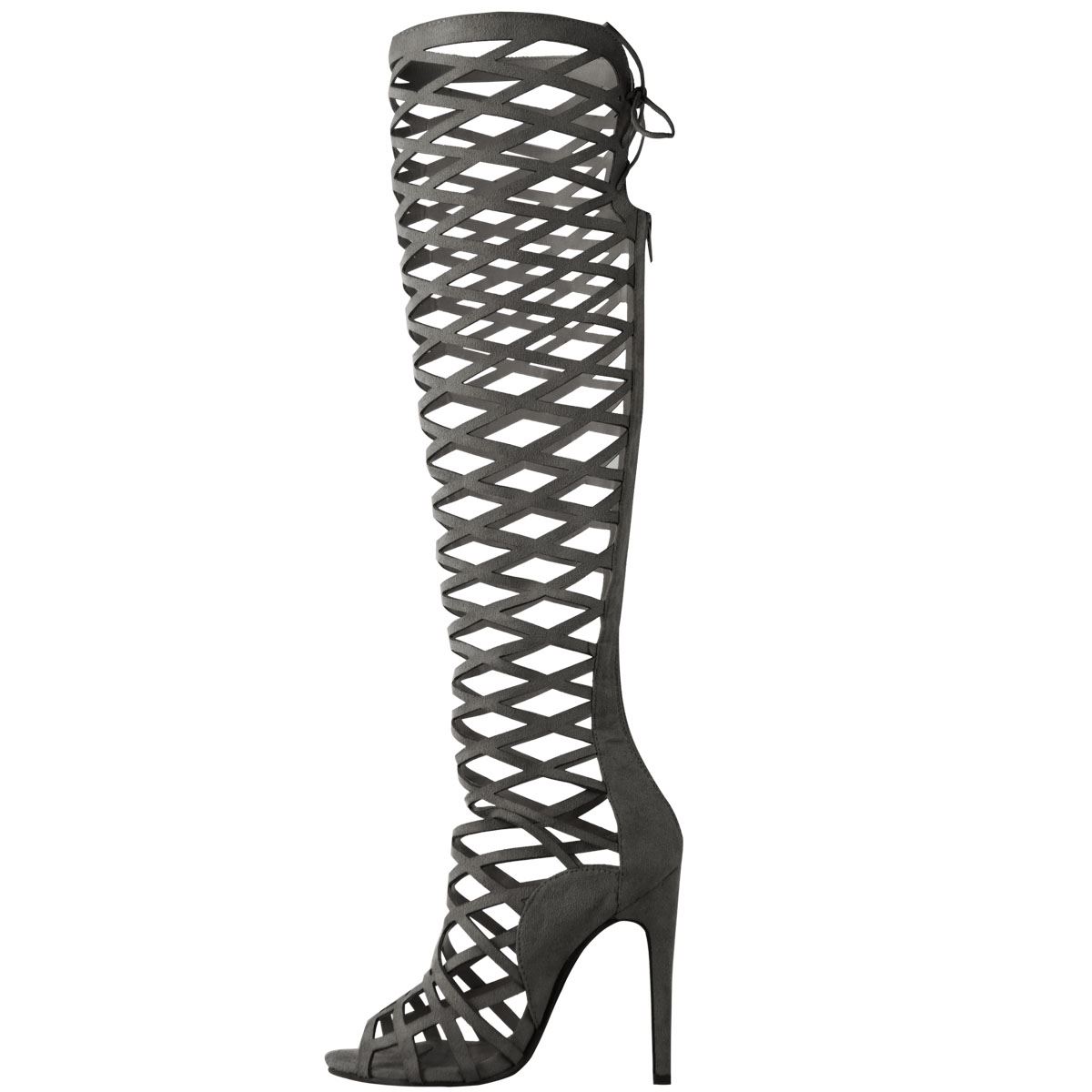 Womens Cut Out Lace Knee High Heel Gladiator Boots Ladies Strappy