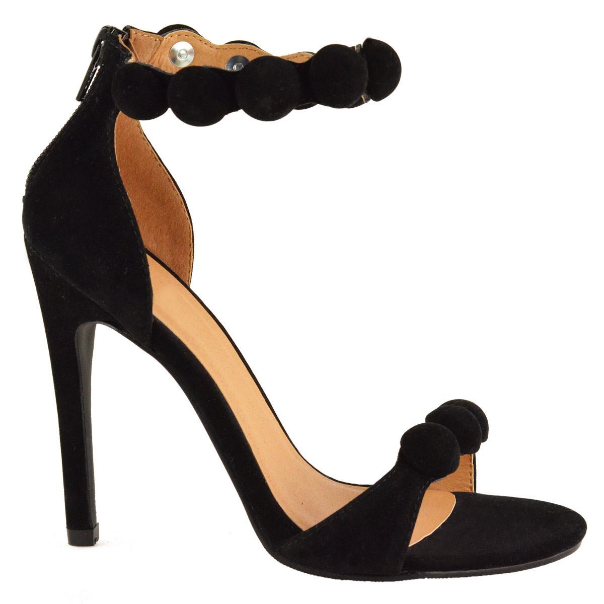 Womens Pom Pom Ankle Strappy Stiletto High Heel Ladies Peep Toe Sandals