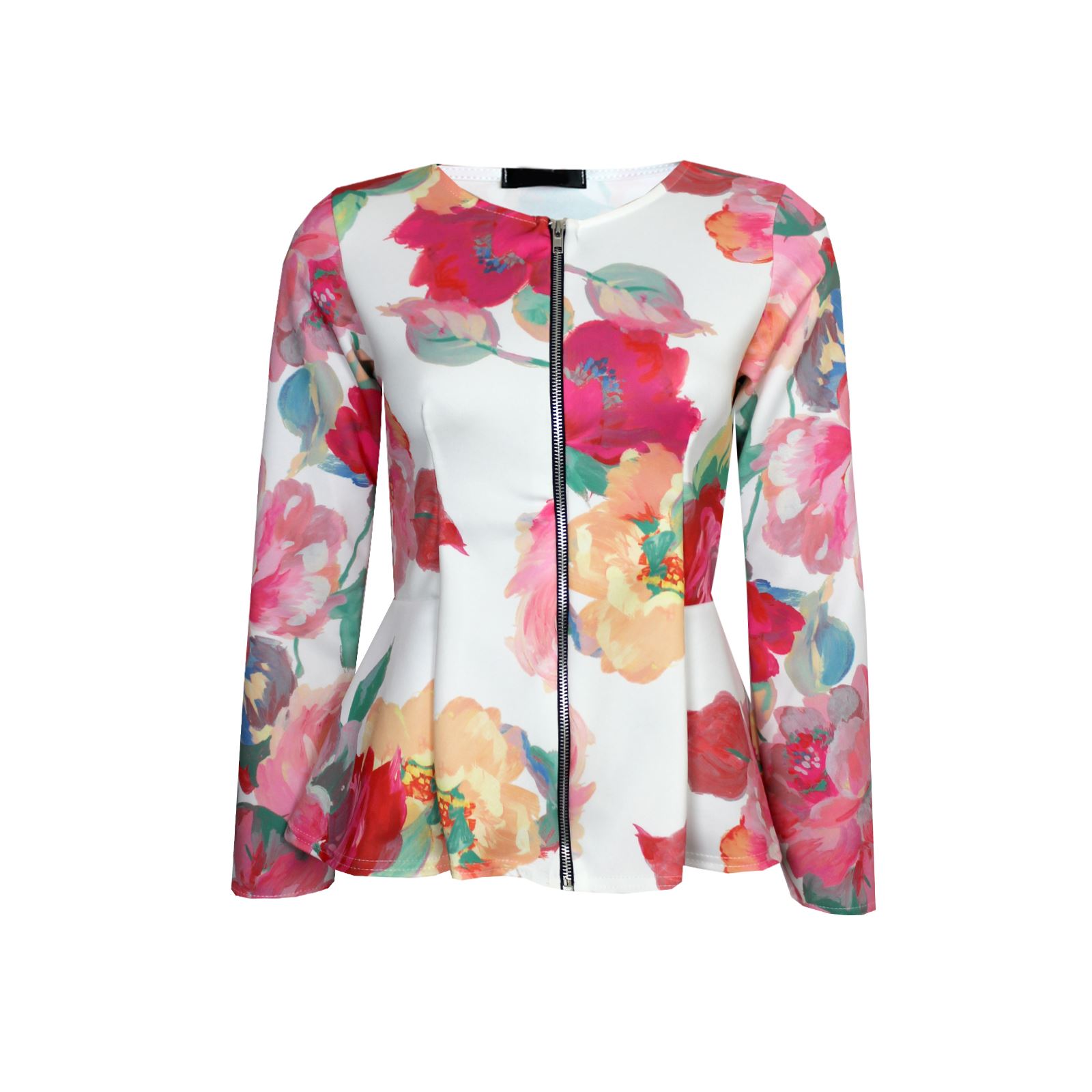 Womens Long Sleeve Floral Print Zip Front Ladies Casual Summer Peplum