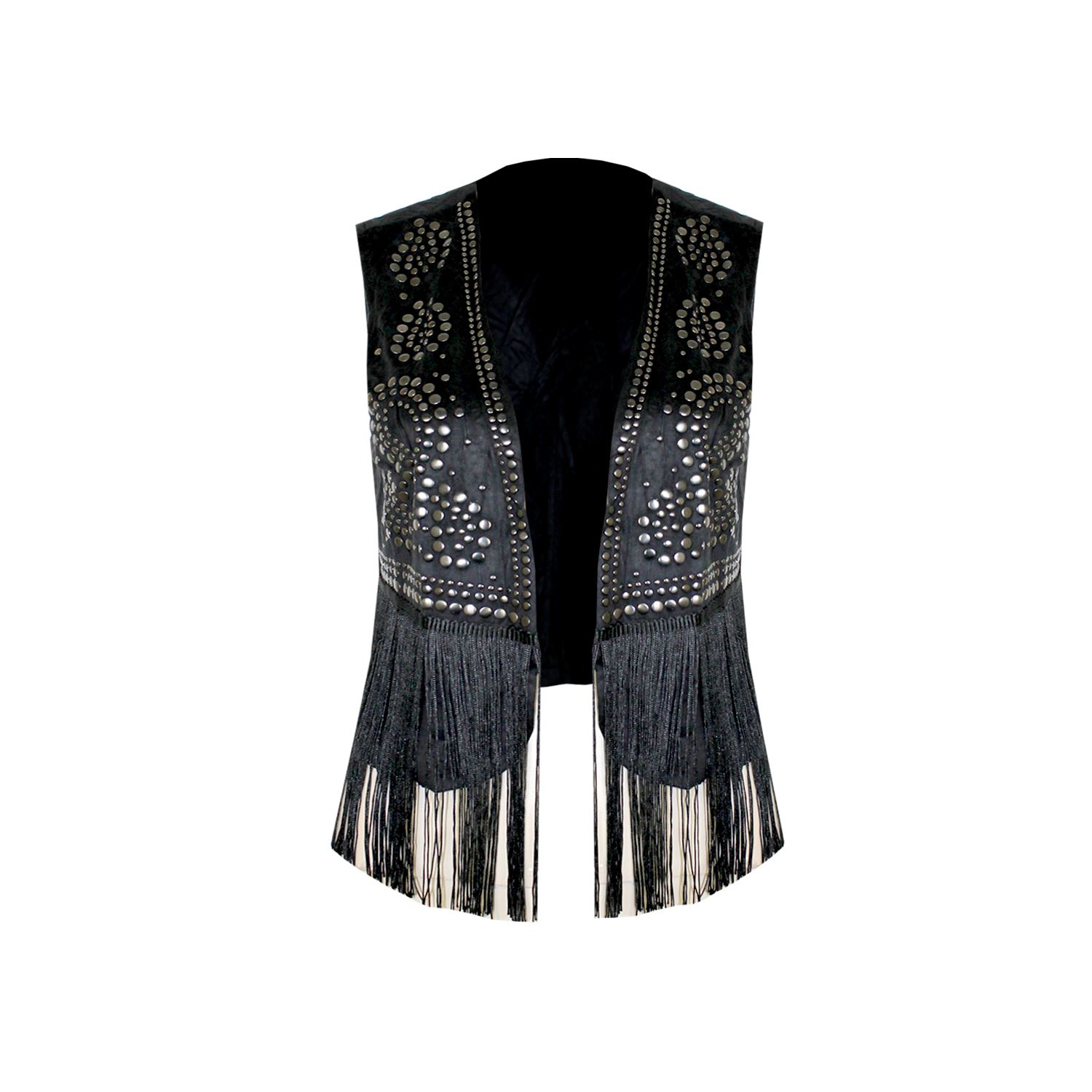 Womens Sleeveless Open Front Fringe Tassel Faux Suede Studded Waistcoat