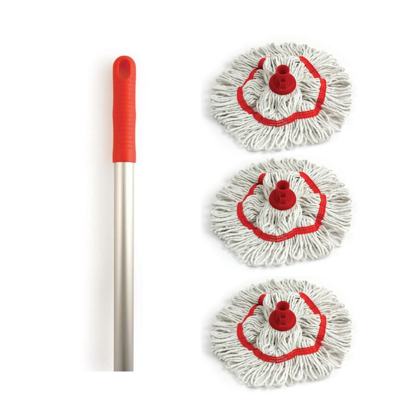 Professional Colour Coded Aluminium Mop Handle and 3 Cotton Mop Heads