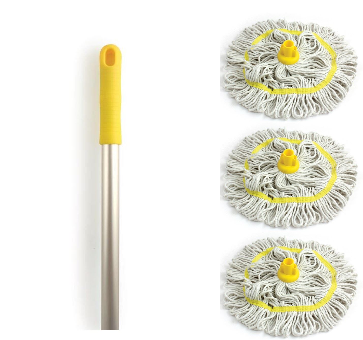 Professional Colour Coded Aluminium Mop Handle and 3 Cotton Mop Heads