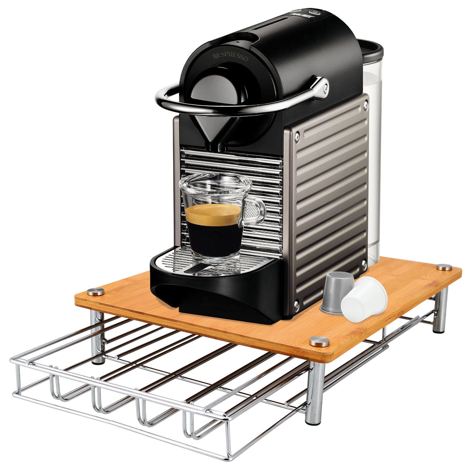 Bamboo Coffee Machine Stand & 35 Capsule Pod Holder Drawer Nespresso