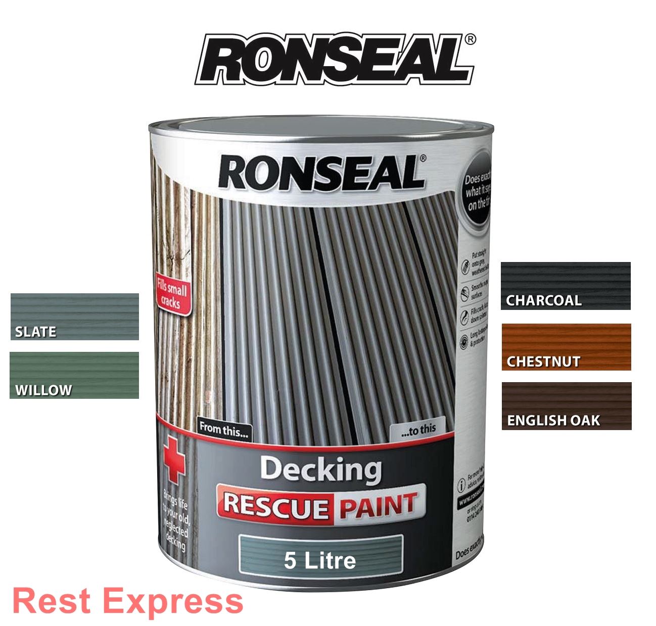 Ronseal Decking Rescue Paint 5 Litre (5L) Deck Stain for Hard or Soft