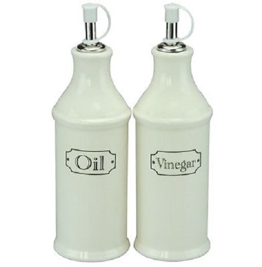 VINTAGE STYLE OIL AND VINEGAR JAR POURER SET CREAM CERAMIC BOTTLES