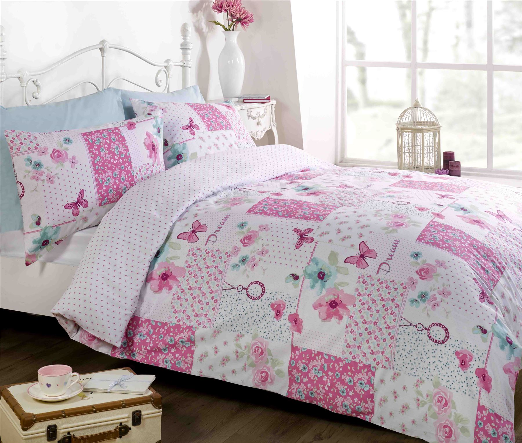 Dream Patchwork Vintage Floral Duvet Cover Quilt Set Pink Teal Dream Patchwork Vintage Floral Duvet Cover Quilt Set