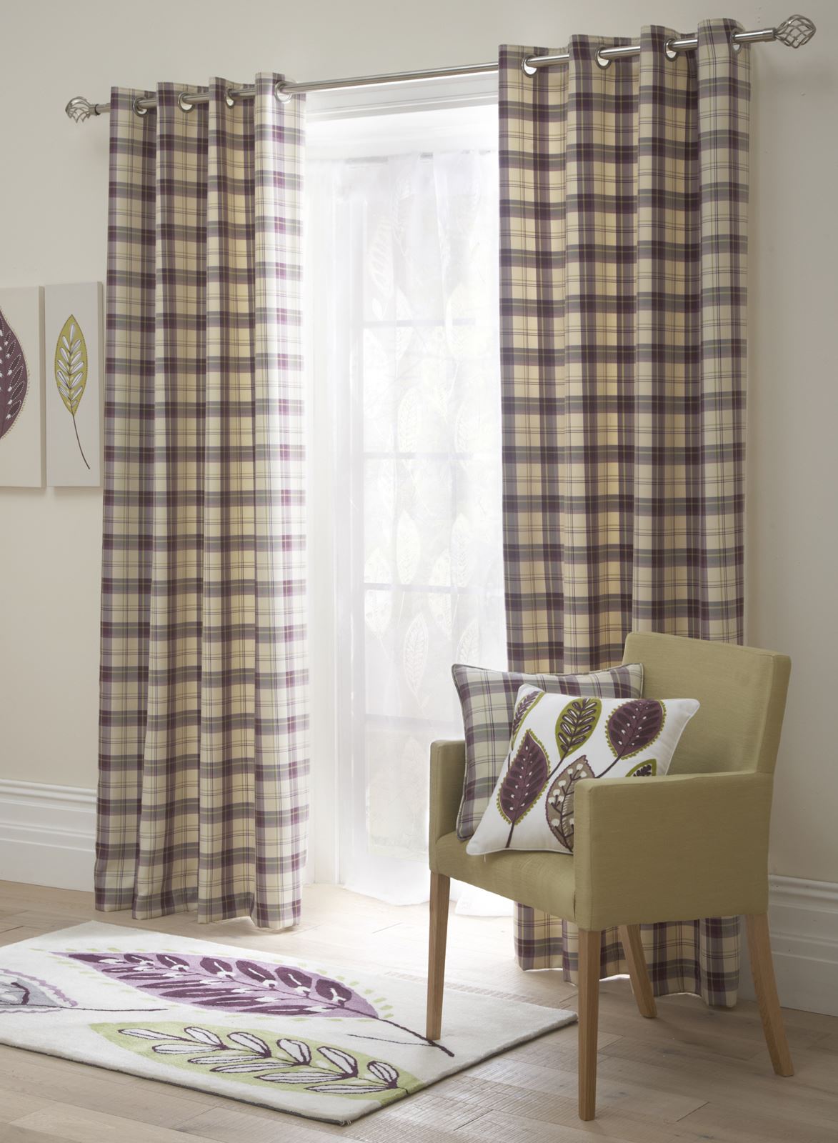 Tartan Check Lined Eyelet Curtains Ready Made Ring top Brown Aubergine