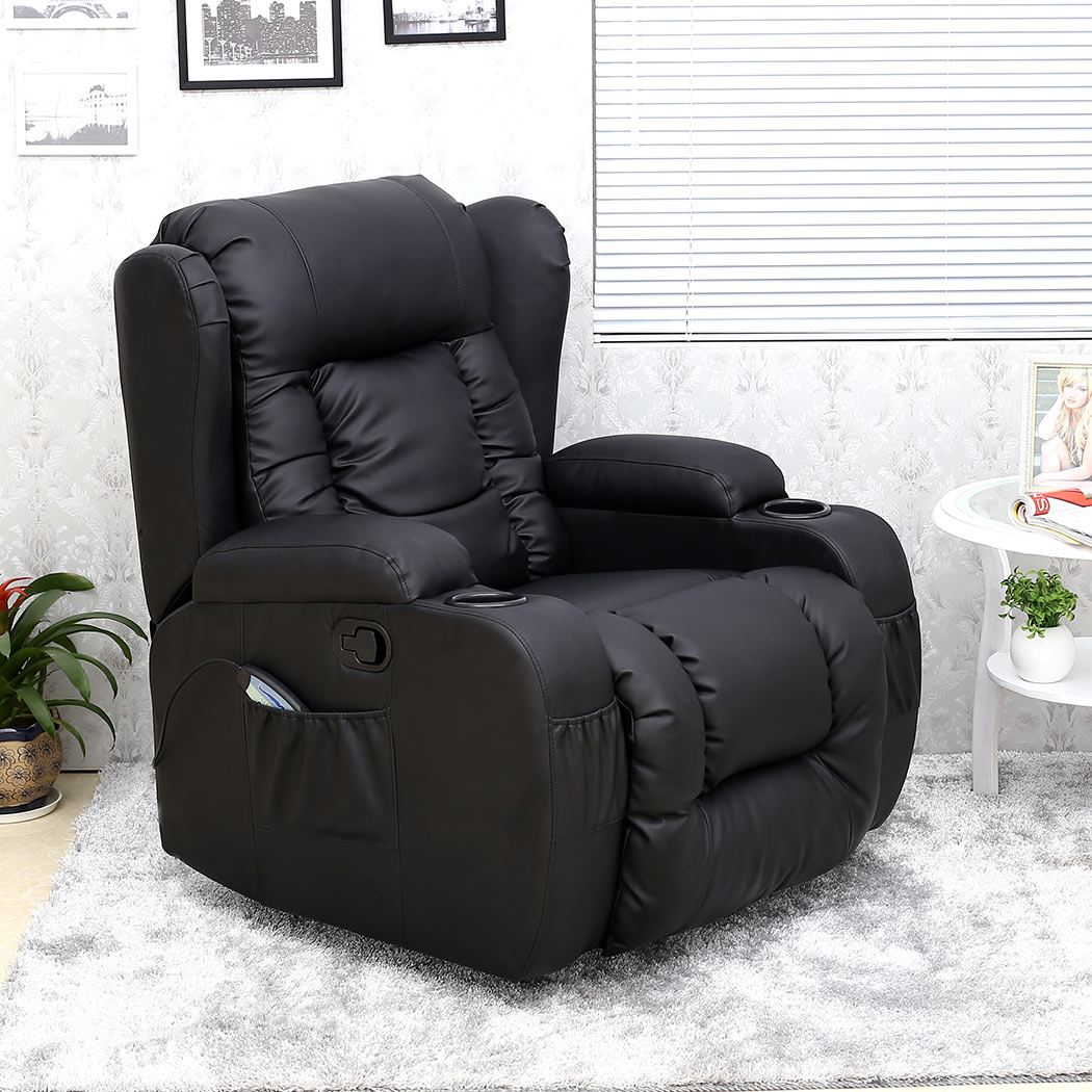 CAESAR BLACK WINGED LEATHER RECLINER CHAIR ROCKING MASSAGE SWIVEL