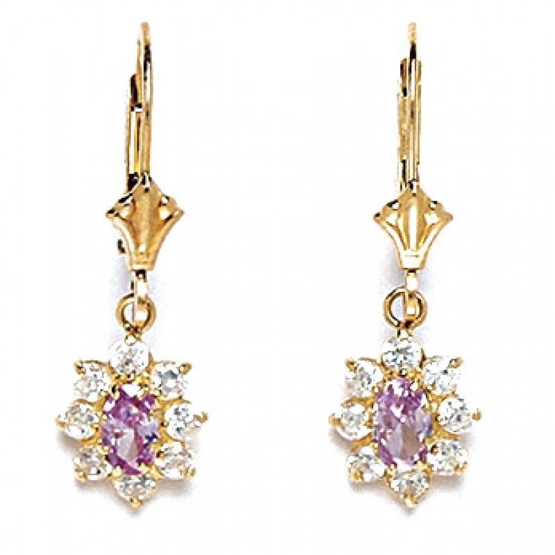 14K Yellow Gold Alexandrite June Birthstone Flower Leverback Earrings