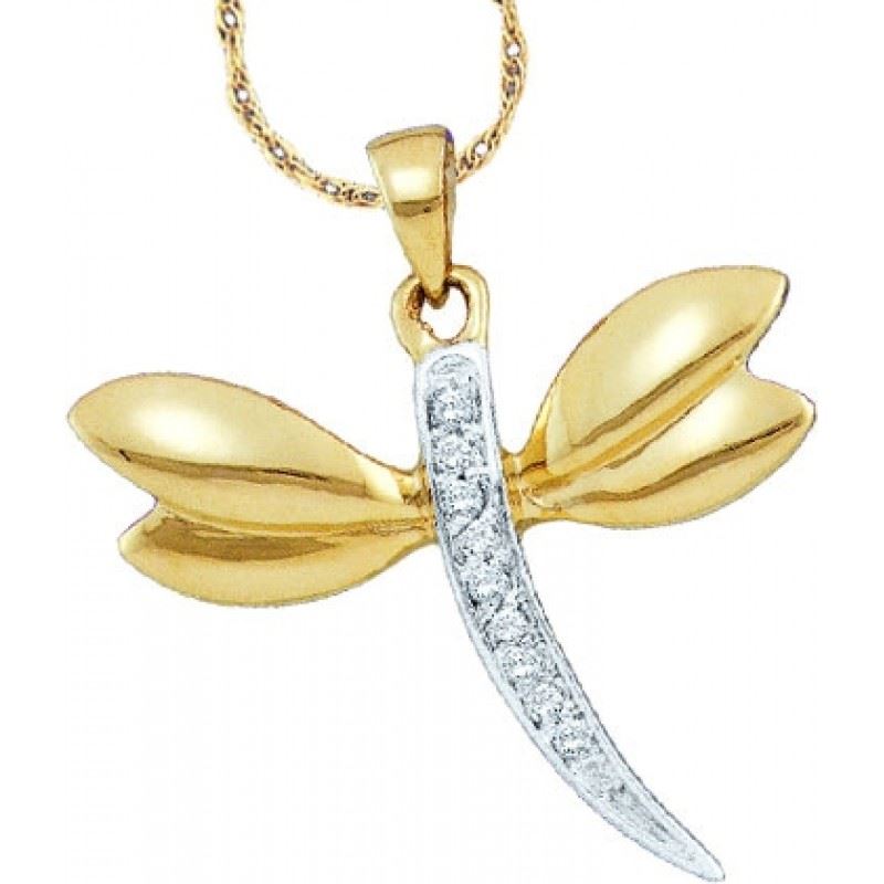 Women's White Diamond 0.03CTW 14K Yellow Gold Dragon Fly Pendant