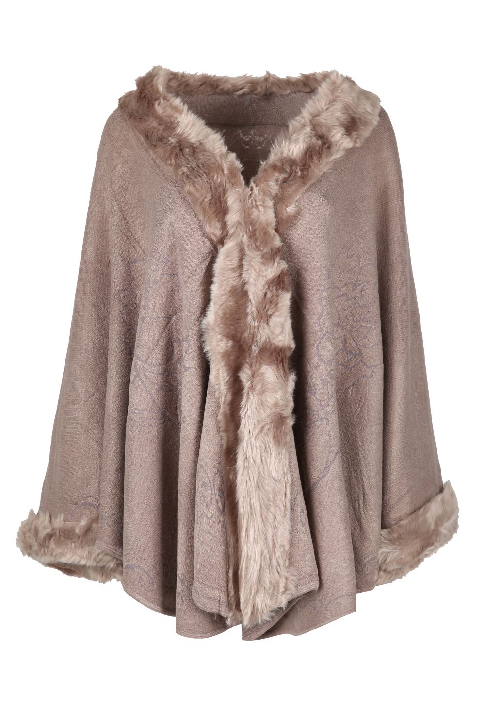 Ladies Womens Faux Fur Trimmed Poncho Cape Scarf Shawl Stole Wrap Coat