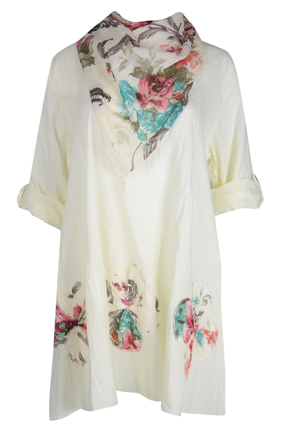 Womens Leganlook Italian Cotton Floral Tunic Top & matching scarf UK 16