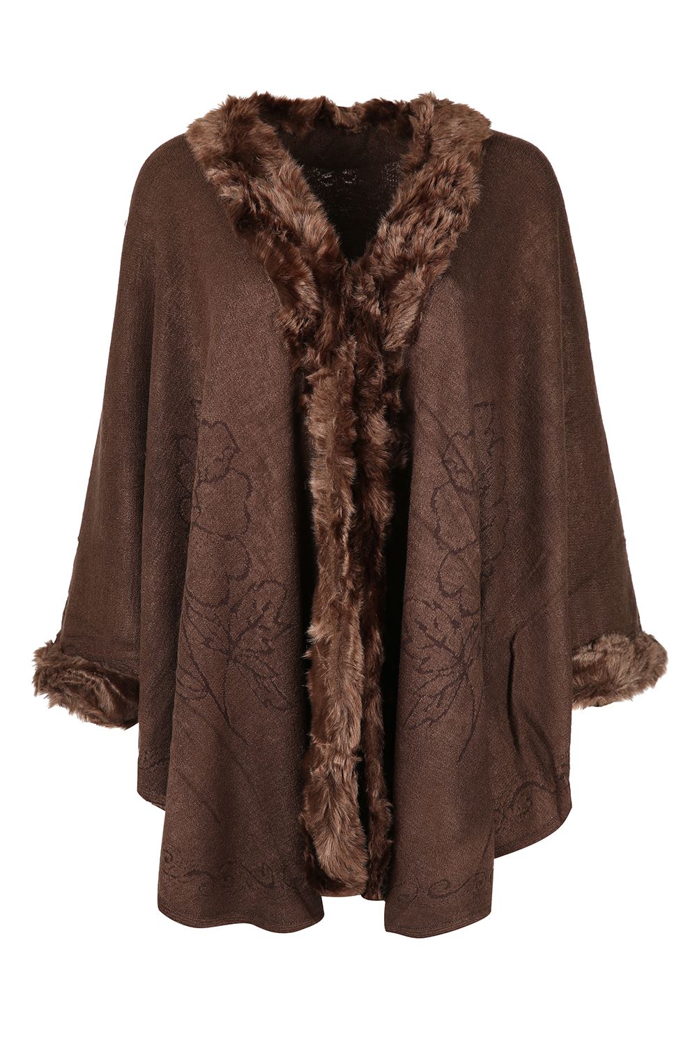 Ladies Womens Faux Fur Trimmed Poncho Cape Scarf Shawl Stole Wrap Coat