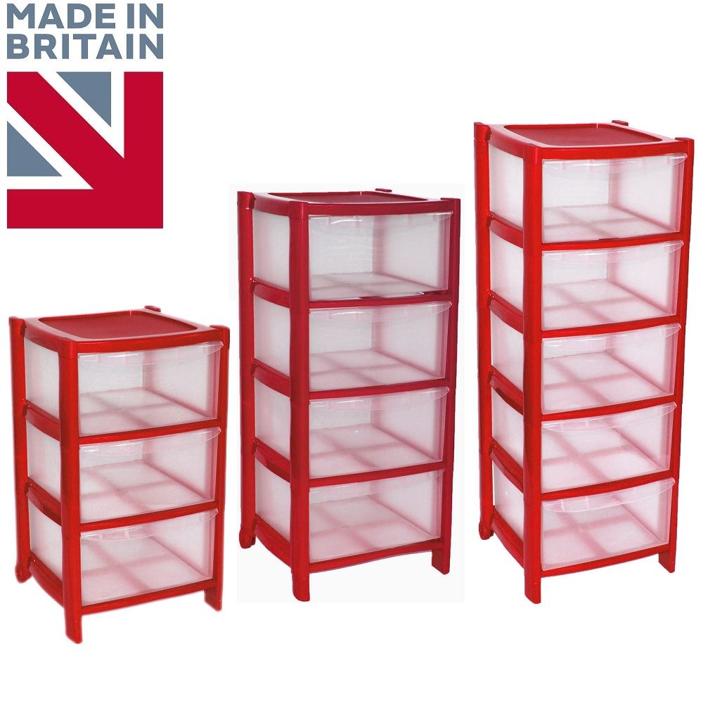 RED Drawer Plastic Large Tower Storage Drawers Unit with Wheels MADE IN