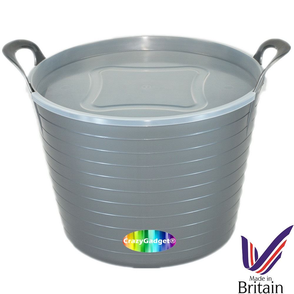 42 Litre Large Flexi Tub Flexible Rubber Storage Bucket With Lid MADE