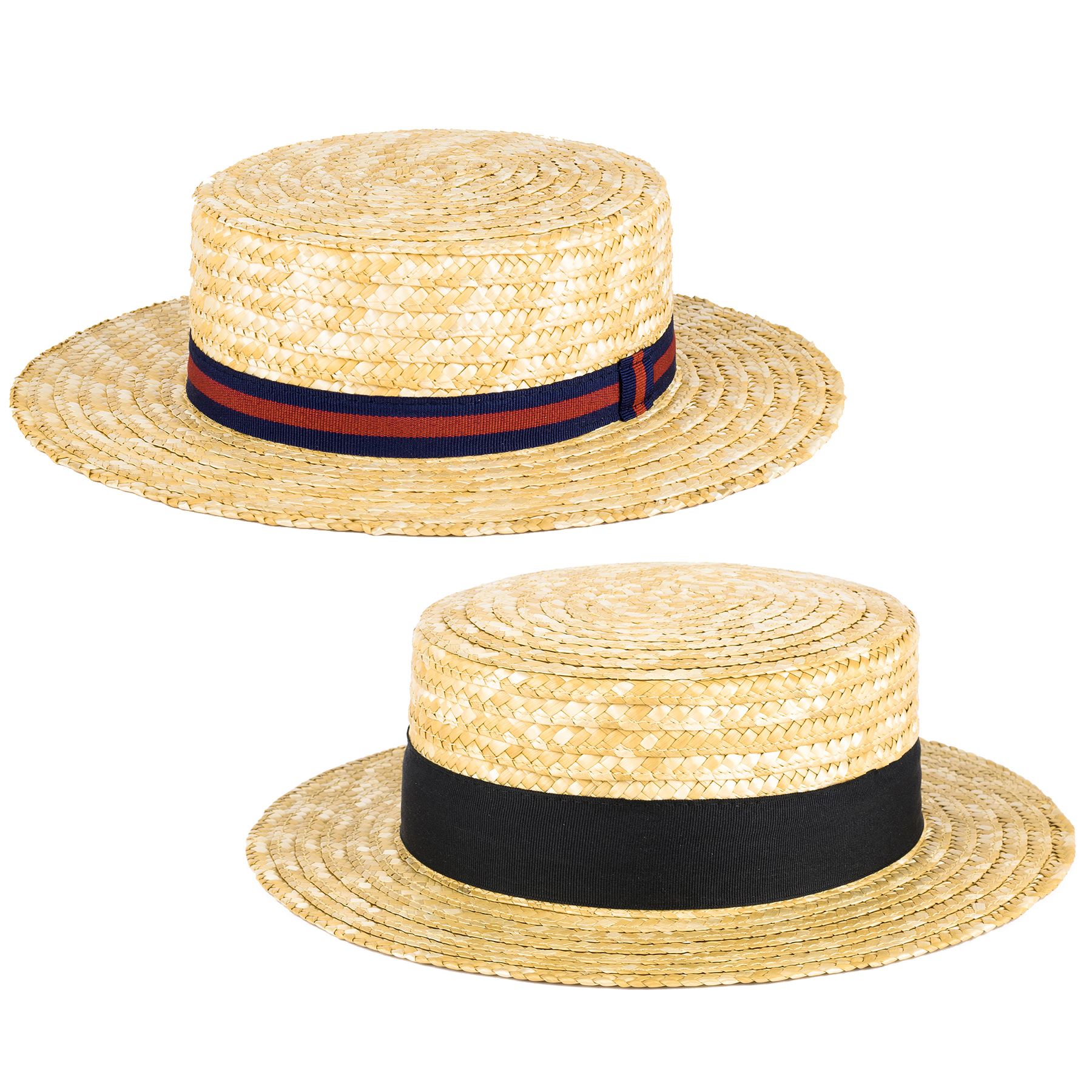 Straw Boater Hat with Striped Band eBay