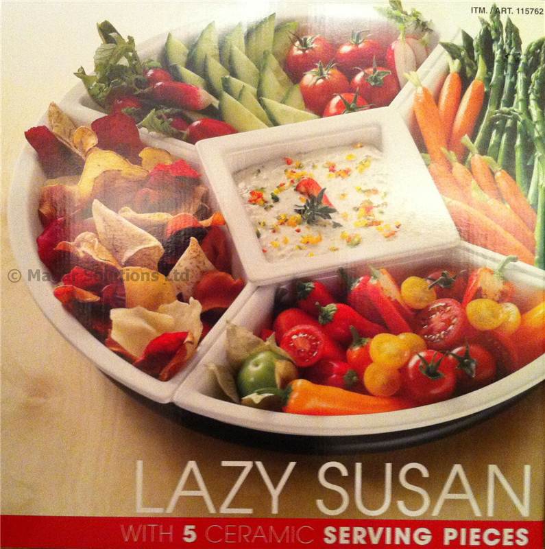 Large Lazy Susan with 5 White Ceramic Serving Dishes/Mahogany Wooden Base