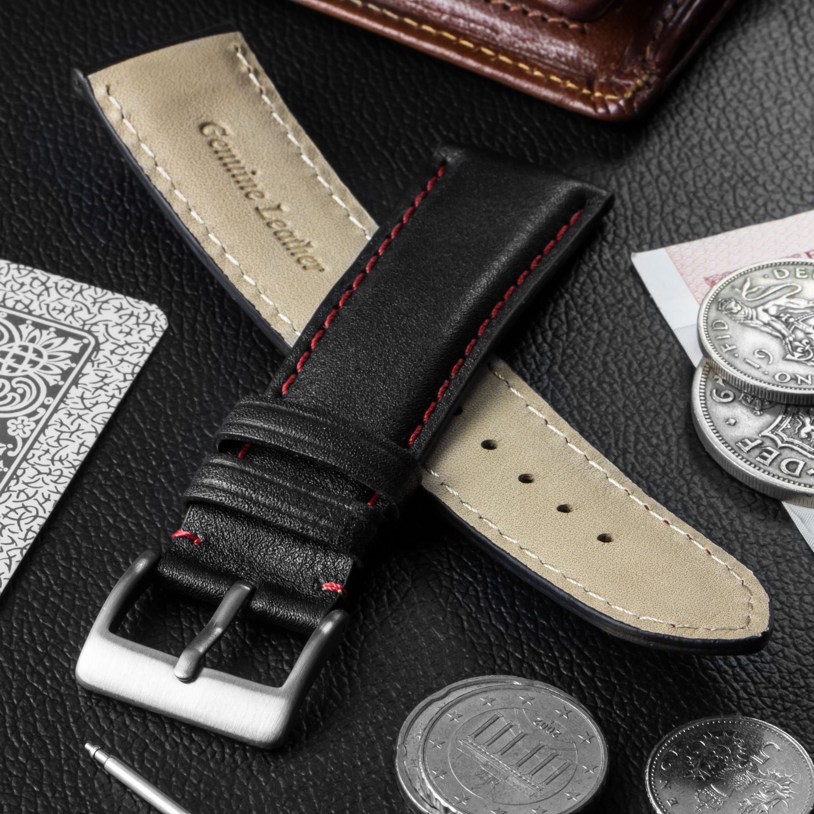 Black Genuine Leather Watch Strap with Red Stitching 22mm Brushed