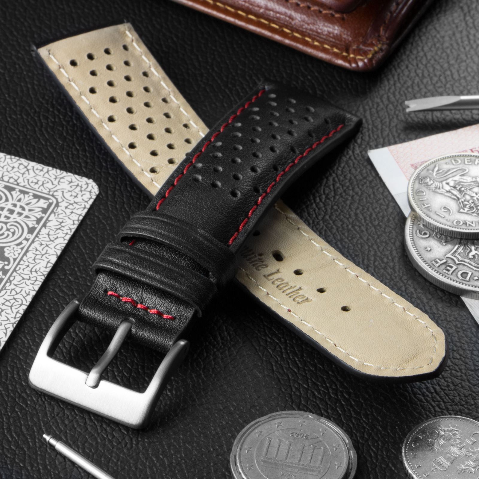 Black Genuine Leather Watch Strap with Red Stitching 22mm Brushed