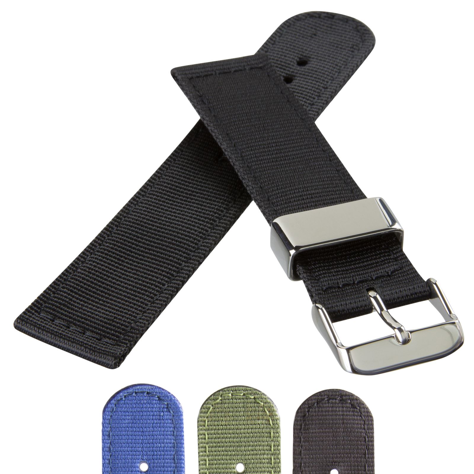 Two Piece Nylon Watch Strap with Polished Fittings Green Black Blue 18