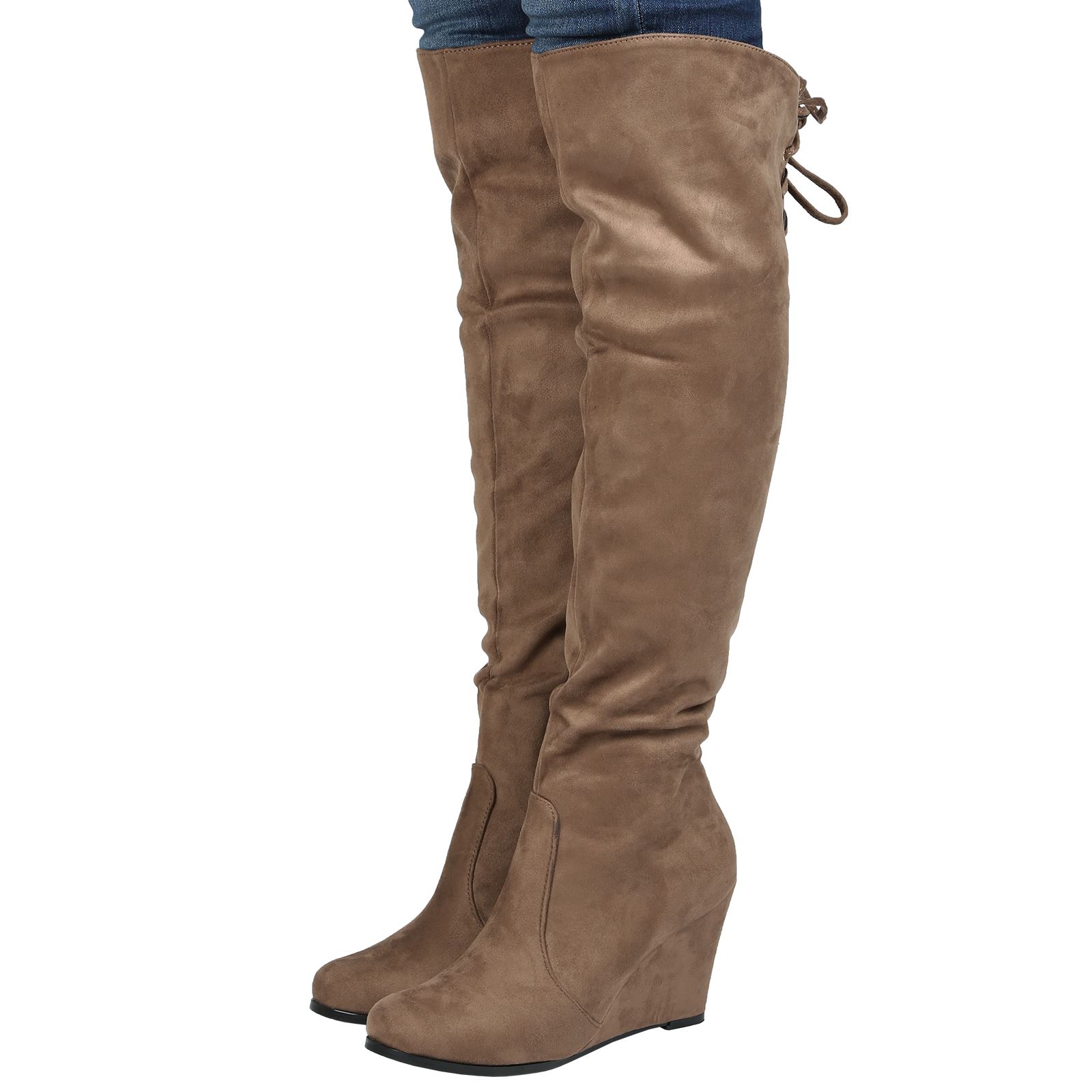 WOMENS BOOTS LADIES KNEE HIGH HEELS CALF FOLD DOWN LACE TIE WEDGE SHOES