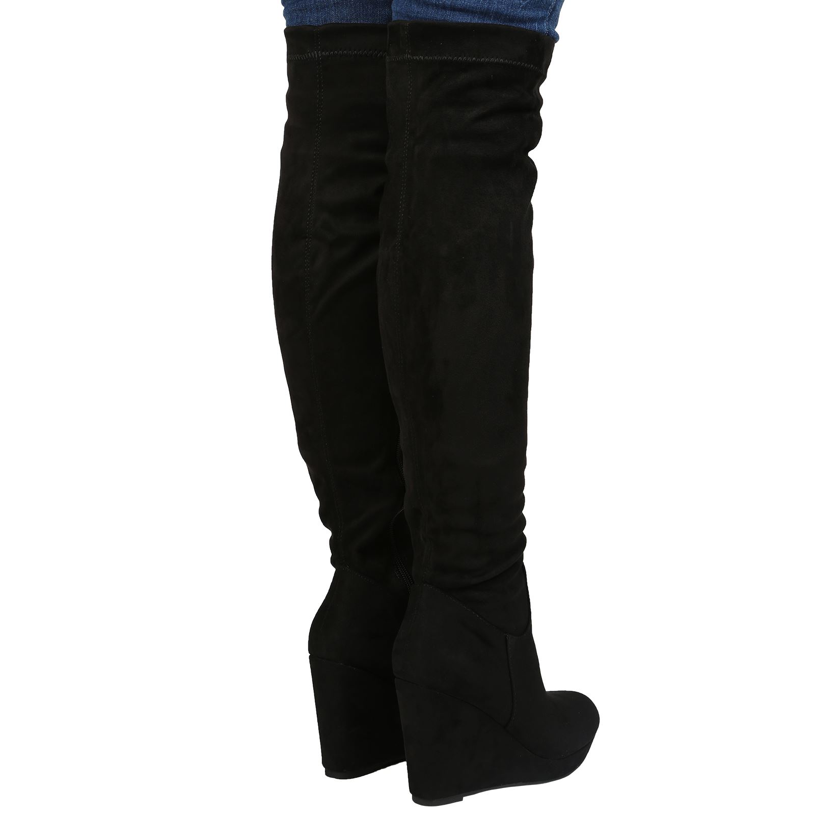 WOMENS BOOTS LADIES OVER KNEE HIGH HEEL WEDGE PLATFORM LONG STRETCH