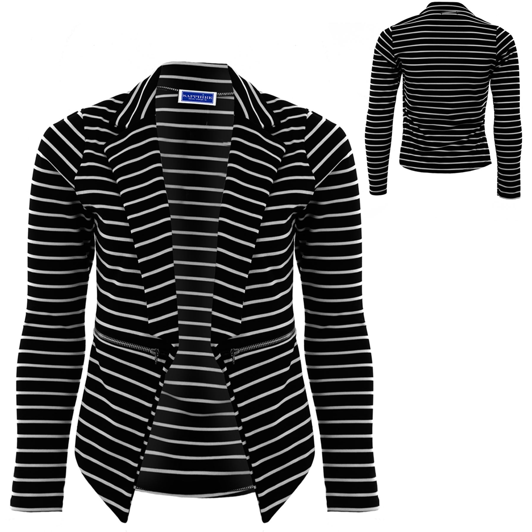 Womens Black White Stripe Long Sleeve Open Front Zip High Low Blazer