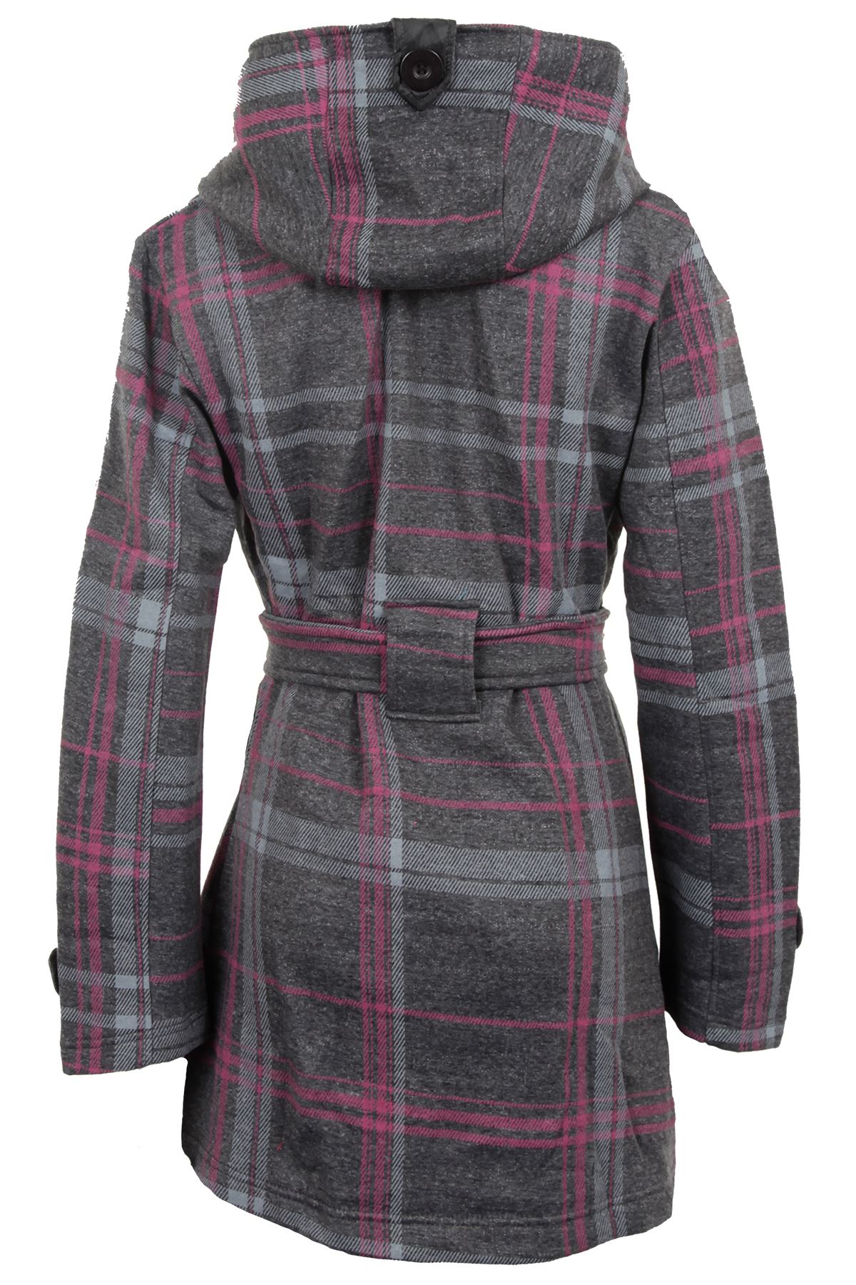 Women's Belted Hooded Button Up Ladies Long Checked Winter Duffle