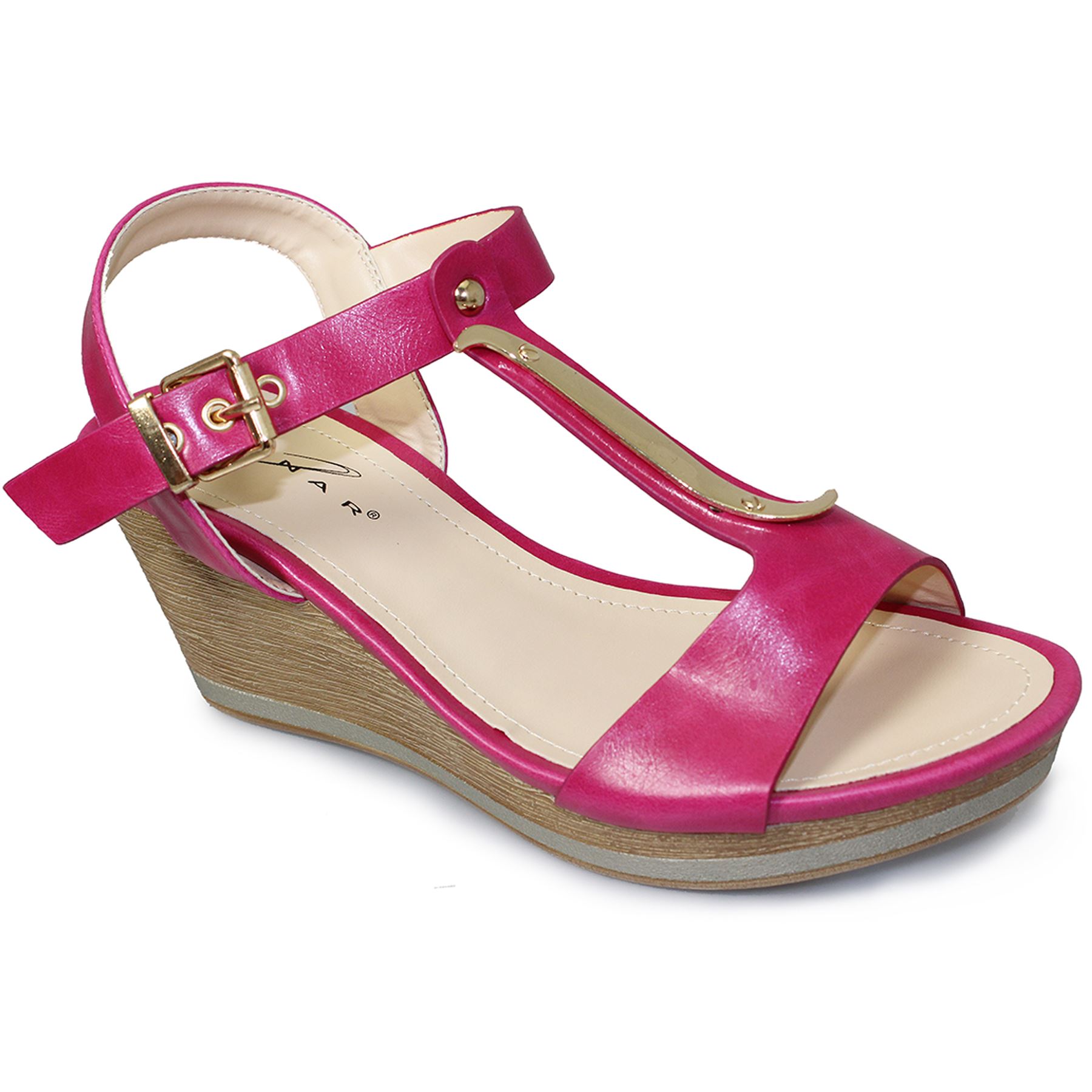 Women's Strappy Medium Cork Heel Ladies Gold Trim Wedges Fashion