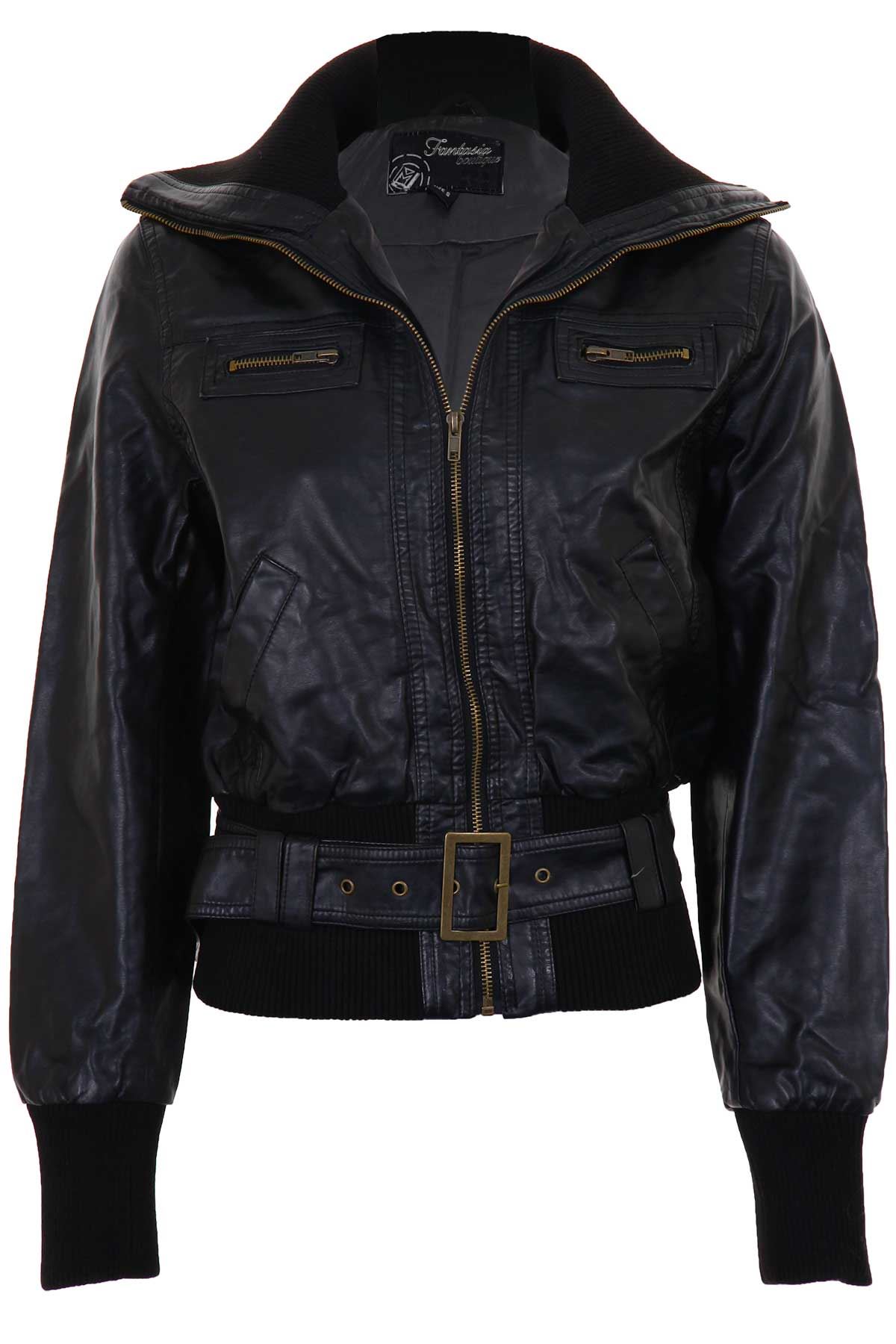 Ladies Black Faux Leather Long Sleeve Belted PU Gold Zip Women's Biker Jacket eBay