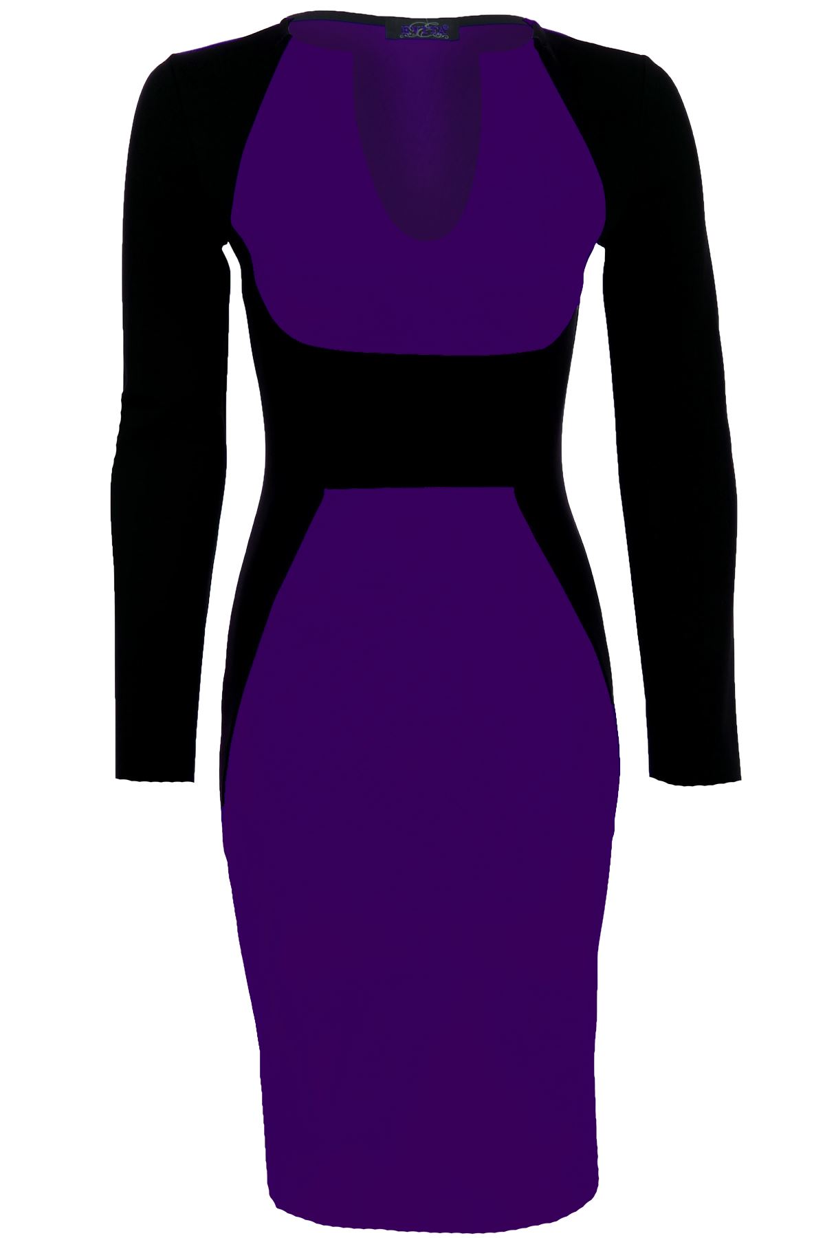 Women's Knee Length Midi Black Contrast Long Sleeve V neck Ladies