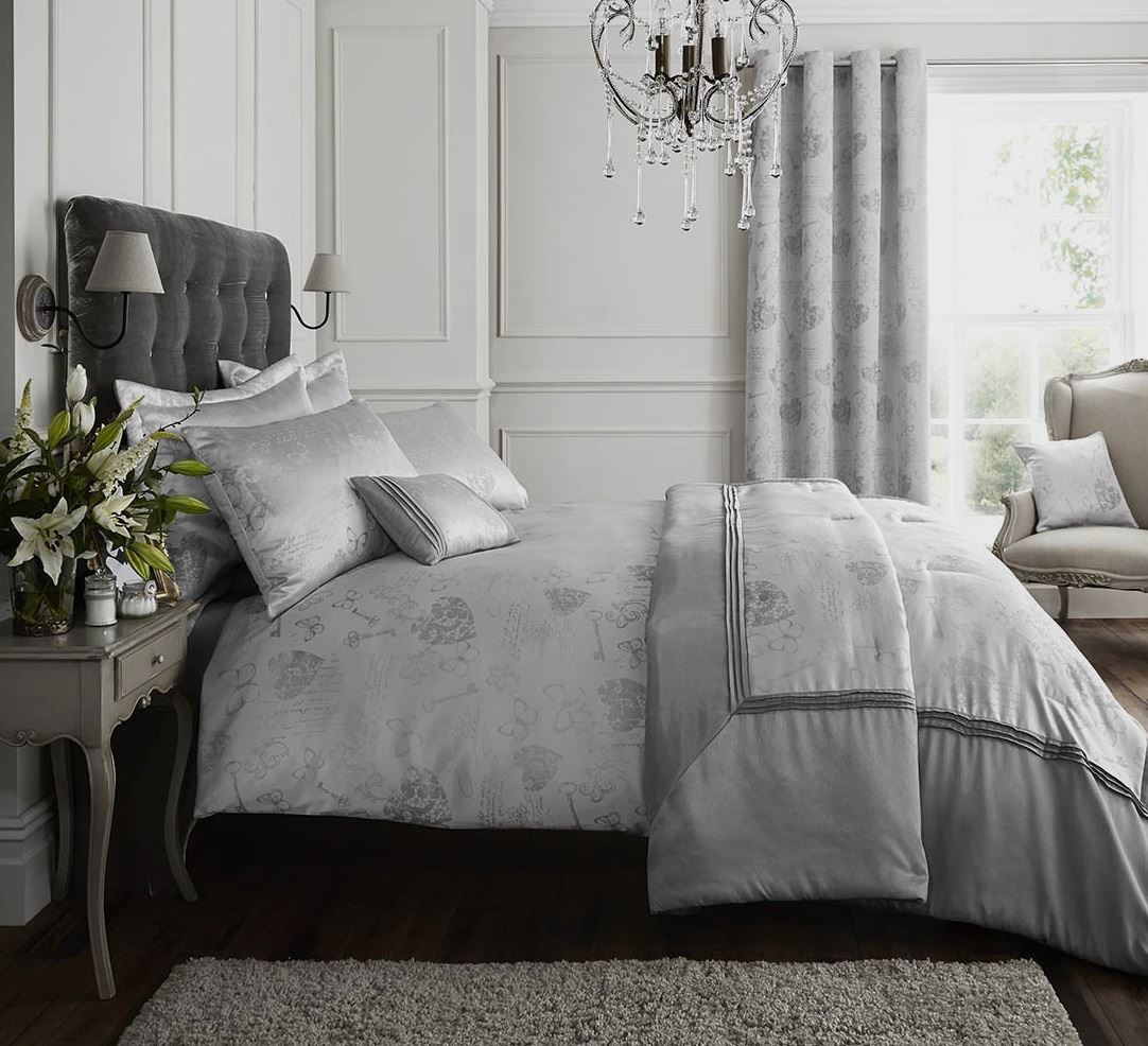 Silver / Grey Curtains Eyelet OR Single Quilt Duvet Cover Catherine