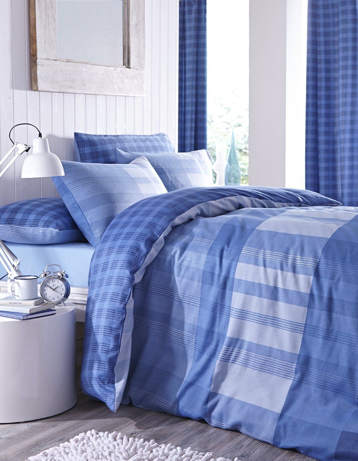 Blue Checked Quilt Duvet Cover Twin Pack Bed Sets 3 Sizes Or Eyelet