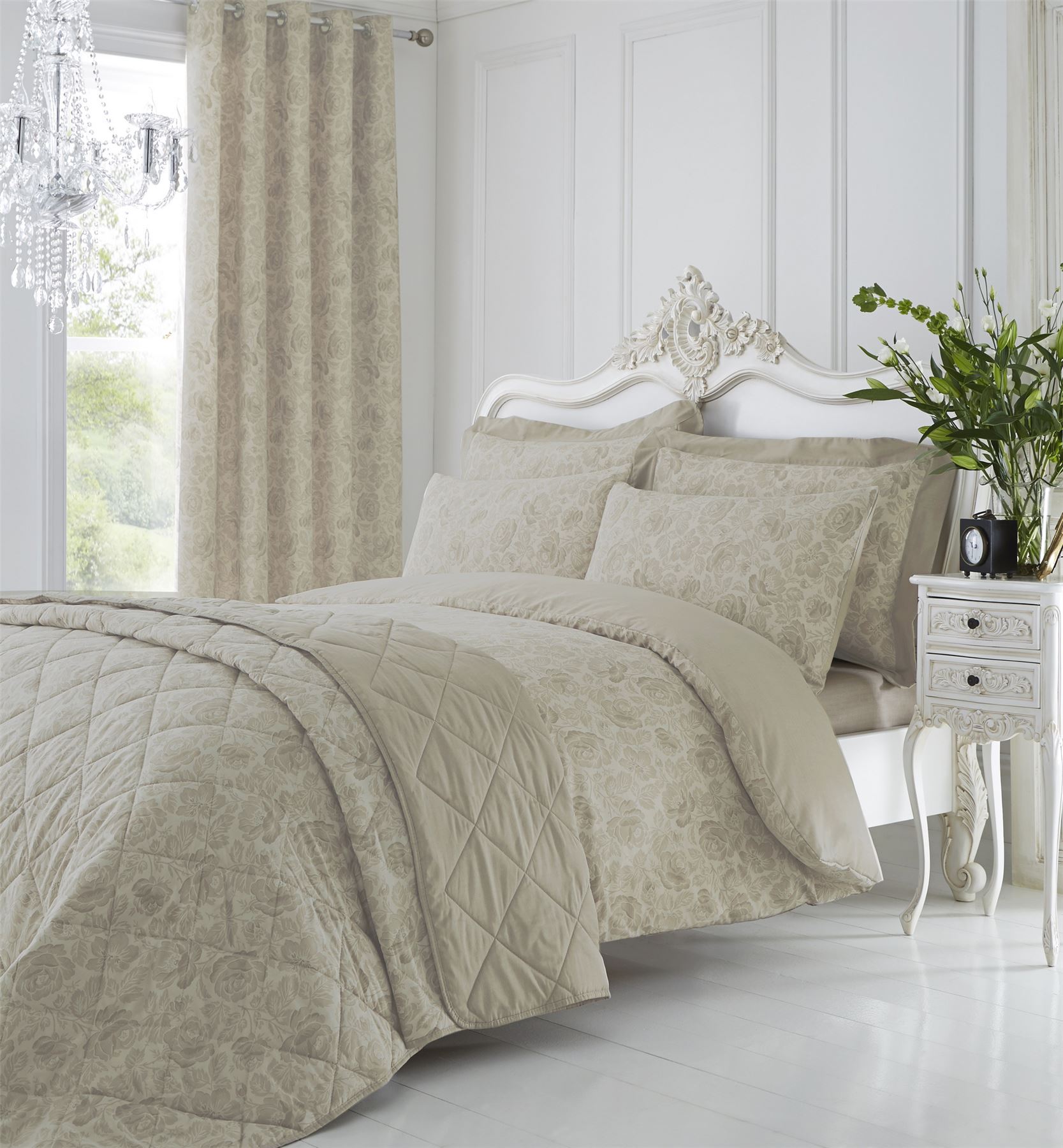 Floral Grey Taupe Quilt Duvet Cover Pillowcase Sets or Curtains or