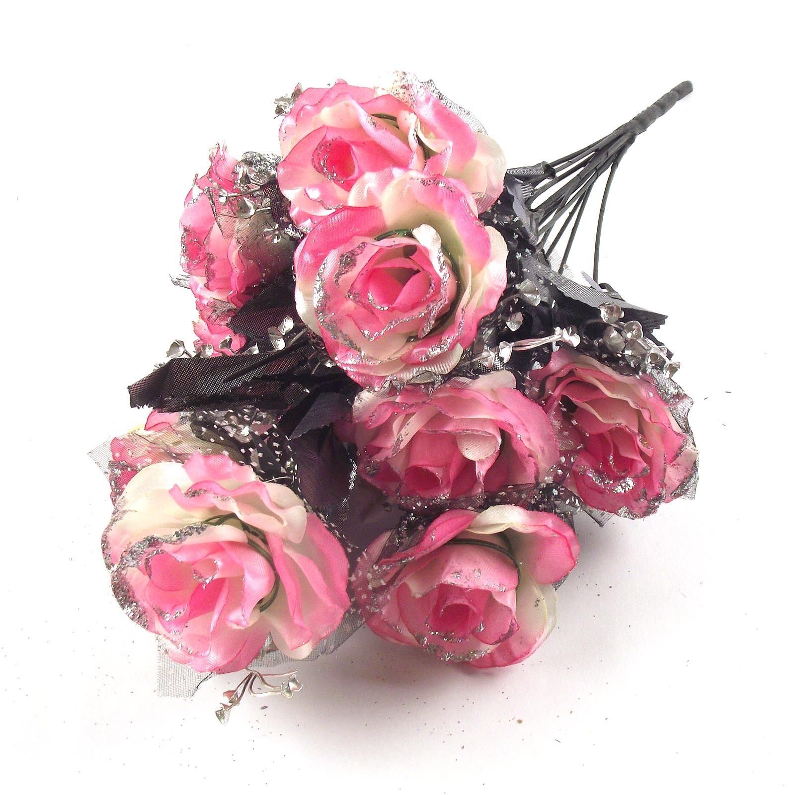 12 Head Large Glitter Rose Buds Bunch Bouquet Artificial Flowers Fake