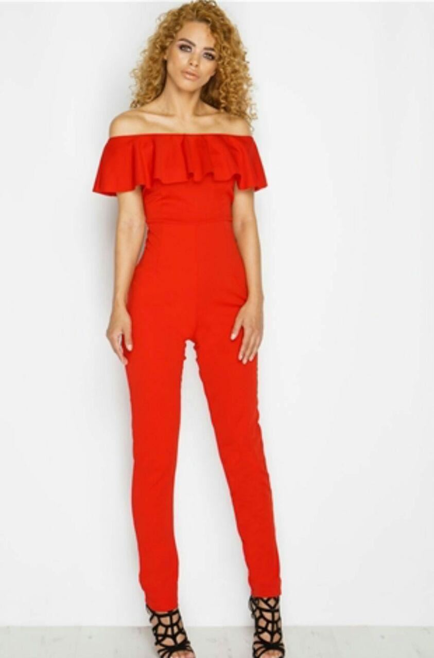 Womens Frill Off Shoulder Jumpsuit Ladies Bardot Stretch Bodycon Fit