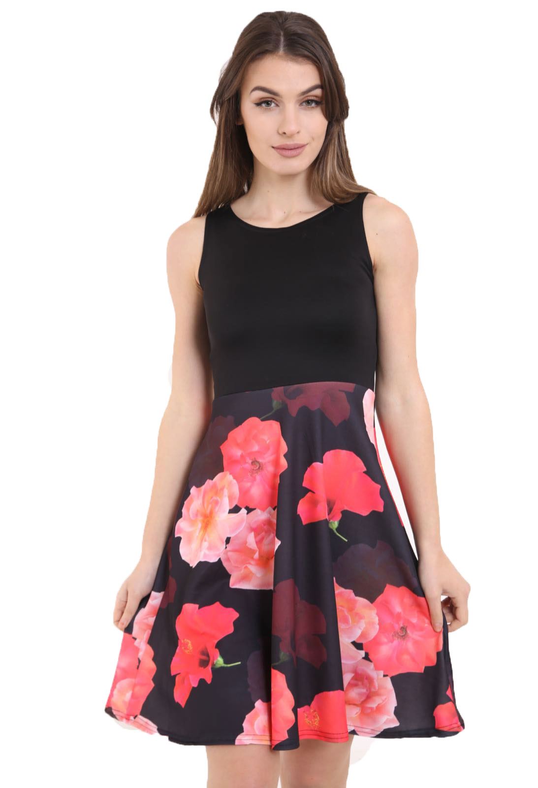 Womens Ladies Floral Print Sleeveless Skater Party Mini Dress Size UK 8