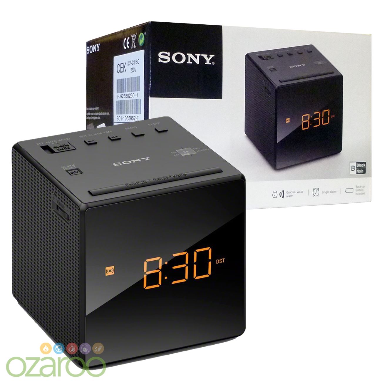 Sony FM/AM Modern Small Cube Clock Radio with Alarm and Snooze Black