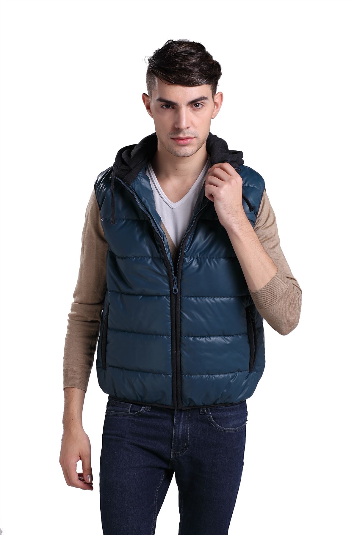 Winter Mens Faux Leather Hooded Body Warmer PU Sleeveless Jacket Down