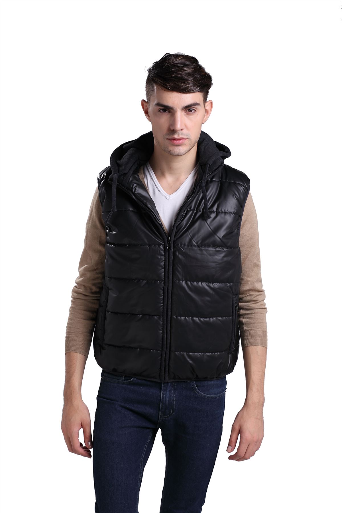 Winter Mens Faux Leather Hooded Body Warmer PU Sleeveless Jacket Down